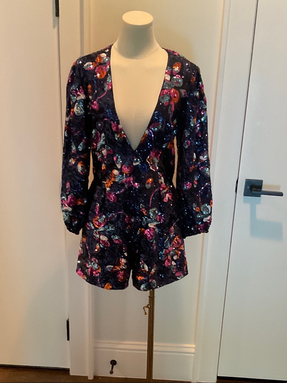 Ramy Brook Sequined Floral Deep V Romper in Navy with Pink & Orange Accents